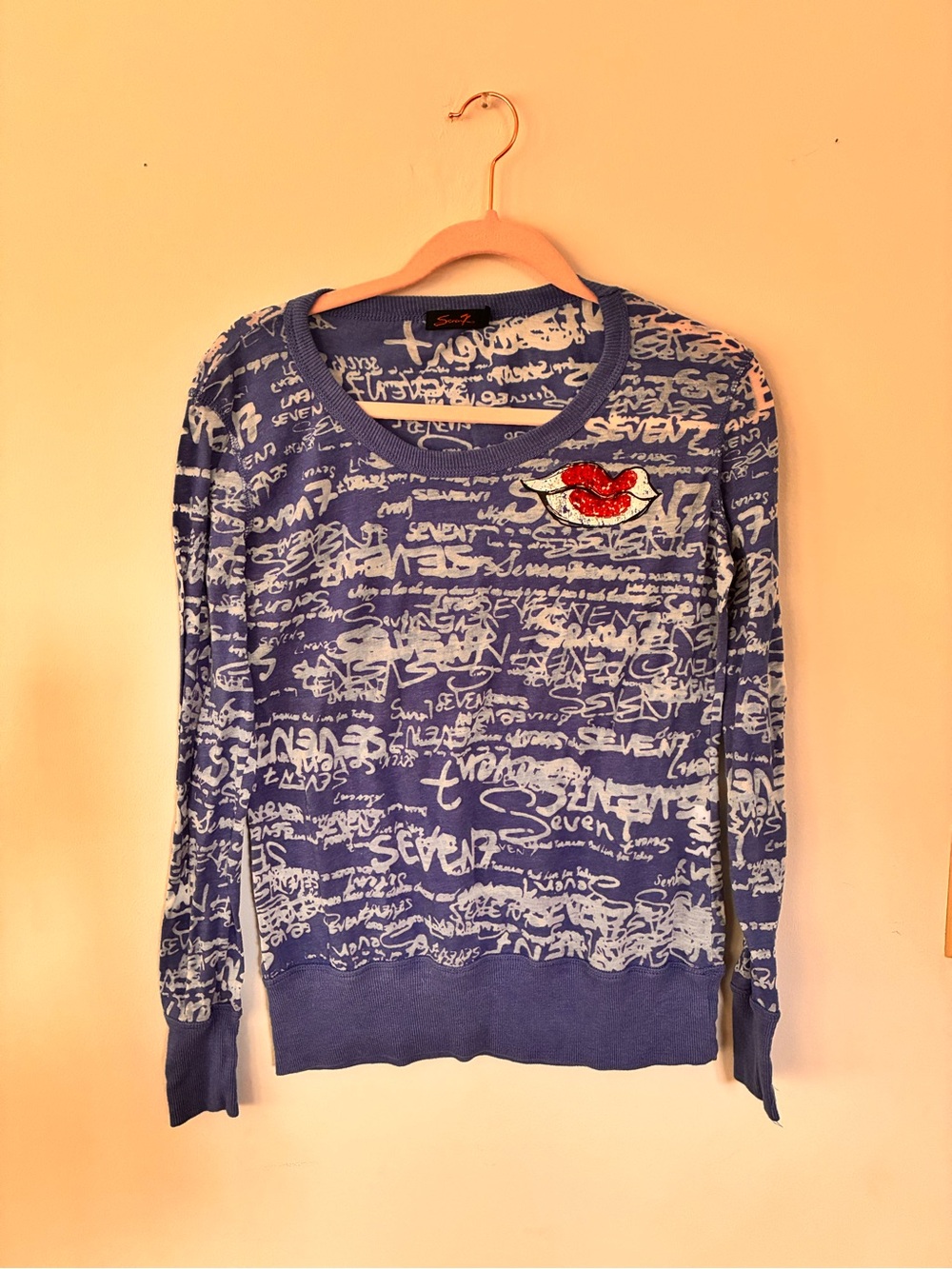 Seven7 Blue Graphic Long Sleeve Top with Red Lip Patch